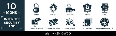 filled internet security and icon set. contain flat locked, privacy, pin code, https, sql, computing cloud, cit card security, virus search, file shar Stock Vector