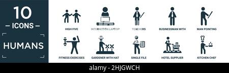 filled humans icon set. contain flat high five, internet on laptop computer, teachers, businessman with tie, man pointing, fitness exercises, gardener Stock Vector