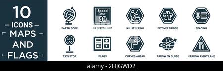 filled maps and flags icon set. contain flat earth gobe, 80 speed limit, no littering, flyover bridge, spacing, taxi stop, flags, curves ahead, arrow Stock Vector