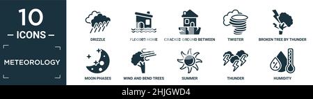 filled meteorology icon set. contain flat drizzle, flooded home, cracked ground between houses, twister, broken tree by thunder, moon phases, wind and Stock Vector