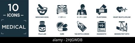 filled medical icon set. contain flat medicines bowl, sternum, esophagus, plastering, heart beats lifeline in a heart, pills jar, cure, tag with a cro Stock Vector