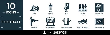 filled football icon set. contain flat cone, bottle, card, seats, newspaper, pennant, scoreboard, referee jersey, football shoes, soccer field icons i Stock Vector