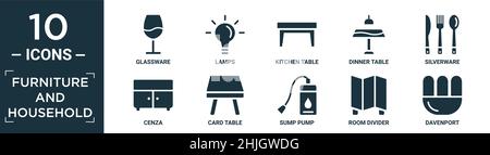 filled furniture and household icon set. contain flat glassware, lamps, kitchen table, dinner table, silverware, cenza, card table, sump pump, room di Stock Vector
