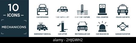 filled mechanicons icon set. contain flat car repairing, taxi facing left, car temperature, fuel counter, police car with light, emergency medical veh Stock Vector