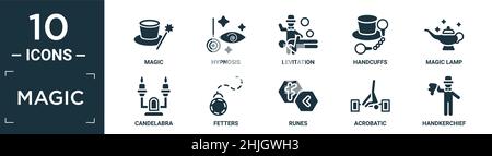 filled magic icon set. contain flat magic, hypnosis, levitation, handcuffs, magic lamp, candelabra, fetters, runes, acrobatic, handkerchief icons in e Stock Vector