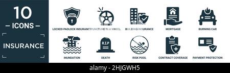 filled insurance icon set. contain flat locked padlock insurance, puncture in a wheel, building insurance, mortgage, burning car, inundation, death, r Stock Vector