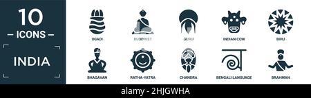 filled india icon set. contain flat ugadi, buddhist, guru, indian cow, bihu, bhagavan, ratha-yatra, chandra, bengali language, brahman icons in editab Stock Vector