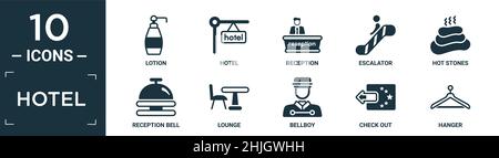 filled hotel icon set. contain flat lotion, hotel, reception, escalator, hot stones, reception bell, lounge, bellboy, check out, hanger icons in edita Stock Vector