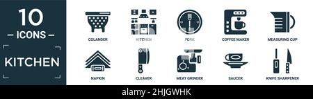 filled kitchen icon set. contain flat colander, kitchen, fork, coffee maker, measuring cup, napkin, cleaver, meat grinder, saucer, knife sharpener ico Stock Vector