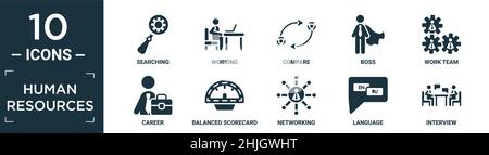 filled human resources icon set. contain flat searching, working, compare, boss, work team, career, balanced scorecard, networking, language, intervie Stock Vector