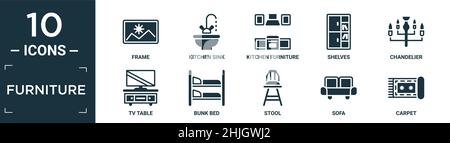 filled furniture icon set. contain flat frame, kitchen sink, kitchen furniture, shelves, chandelier, tv table, bunk bed, stool, sofa, carpet icons in Stock Vector