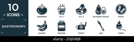 filled gastronomy icon set. contain flat persimmon, dough, beans, butternut squash, bacon, sausage, mustard, teapot, leek, turnip icons in editable fo Stock Vector