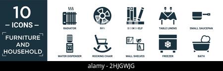 filled furniture and household icon set. contain flat radiator, fan, bookshelf, table linens, small saucepan, water dispenser, rocking chair, wall she Stock Vector