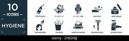 filled hygiene icon set. contain flat tooth paste, washbasin, hygienic pad, ablution, body cream, hair washing, flossing, sanitary napkin, shaving raz Stock Vector