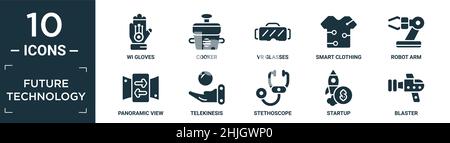 filled future technology icon set. contain flat wi gloves, cooker, vr glasses, smart clothing, robot arm, panoramic view, telekinesis, stethoscope, st Stock Vector