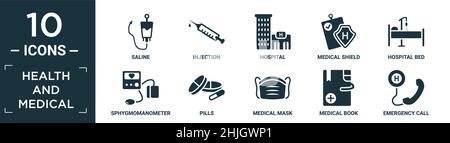filled health and medical icon set. contain flat saline, injection, hospital, medical shield, hospital bed, sphygmomanometer, pills, medical mask, med Stock Vector