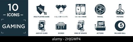 filled gaming icon set. contain flat role playing game, balloon hearts, backgammon, trivial, potions, jack of clubs, scores, king of spades, actions, Stock Vector