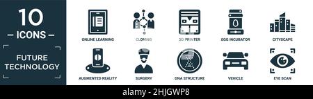 filled future technology icon set. contain flat online learning, cloning, 3d printer, egg incubator, cityscape, augmented reality, surgery, dna struct Stock Vector
