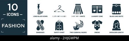 filled fashion icon set. contain flat long black gown, clothing hanger, skirt with white lining, laundry zone, black and white, bandages, safety shirt Stock Vector