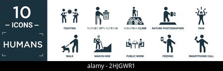 filled humans icon set. contain flat fighting, worker with notepad, mountain climb, nature photographer, pain, walk, man in hike, public work, feeding Stock Vector