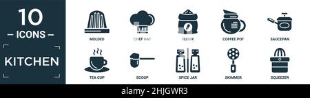 filled kitchen icon set. contain flat molded, chef hat, flour, coffee pot, saucepan, tea cup, scoop, spice jar, skimmer, squeezer icons in editable fo Stock Vector