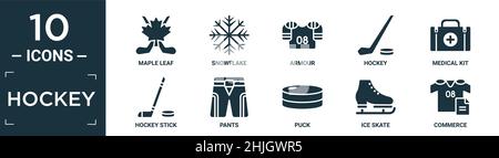 filled hockey icon set. contain flat maple leaf, snowflake, armour, hockey, medical kit, hockey stick, pants, puck, ice skate, commerce icons in edita Stock Vector