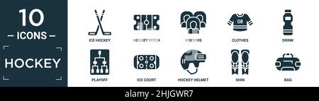 filled hockey icon set. contain flat ice hockey, hockey pitch, visitors, clothes, drink, playoff, ice court, helmet, shin, bag icons in editable forma Stock Vector