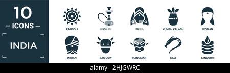 filled india icon set. contain flat rangoli, hookah, indra, kumbh kalash, woman, indian, sac cow, hanuman, kali, tandoori icons in editable format. Stock Vector