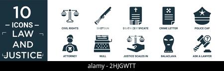 filled law and justice icon set. contain flat civil rights, shotgun, death certificate, crime letter, police cap, attorney, null, justice scales in ha Stock Vector