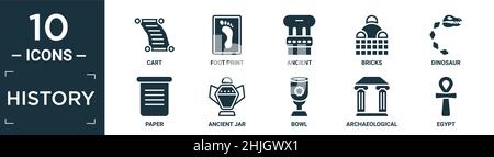 filled history icon set. contain flat cart, foot print, ancient, bricks, dinosaur, paper, ancient jar, bowl, archaeological, egypt icons in editable f Stock Vector