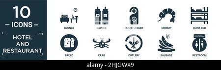 filled hotel and restaurant icon set. contain flat lounge, sauces, door hanger, shrimp, bunk bed, bread, crab, cutlery, sausage, restroom icons in edi Stock Vector