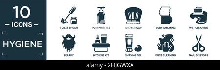 filled hygiene icon set. contain flat toilet brush, pump bottle, shower cap, body shaming, wet cleaning, beardy, hygiene kit, shaving gel, dust cleani Stock Vector