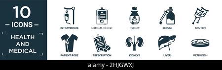 filled health and medical icon set. contain flat intravenous, medical result, poison, serum, crutch, patient robe, prescription, kidneys, liver, petri Stock Vector