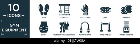 filled gym equipment icon set. contain flat step, gym bars, gym gloves, mat, barrels, waist, women fitness clothing, jumping rope, pull up bar, water Stock Vector