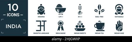 filled india icon set. contain flat krishna, curry, bindi, bael tree, kathakali, marathi language, india badge, indian sweets, indian tea, indian vase Stock Vector