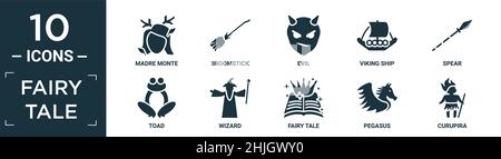 filled fairy tale icon set. contain flat madre monte, broomstick, evil, viking ship, spear, toad, wizard, fairy tale, pegasus, curupira icons in edita Stock Vector