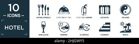 filled hotel icon set. contain flat eating utensils, restaurant tray, fire extinguisher, elevator, yin yang, wine glass, parking, 24 service, stairway Stock Vector