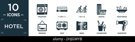 filled hotel icon set. contain flat passport, reserved, people, hostel, vegetarian, smoking, safe, menu, champagne, hairdryer icons in editable format Stock Vector