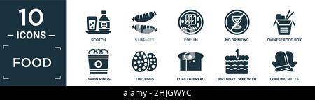 filled food icon set. contain flat scotch, sausages, popiah, no drinking, chinese food box, onion rings, two eggs, loaf of bread, birthday cake with o Stock Vector