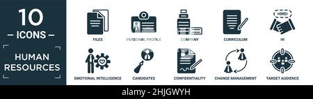 filled human resources icon set. contain flat files, personal profile, company, curriculum, hi, emotional intelligence, candidates, confidentiality ag Stock Vector