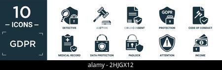 filled gdpr icon set. contain flat detective, auction, child consent, protection, code of conduct, medical record, data protection, padlock, attention Stock Vector