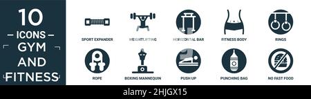 filled gym and fitness icon set. contain flat sport expander, weightlifting, horizontal bar, fitness body, rings, rope, boxing mannequin, push up, pun Stock Vector