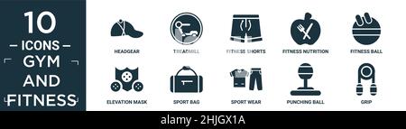 filled gym and fitness icon set. contain flat headgear, treadmill, fitness shorts, fitness nutrition, fitness ball, elevation mask, sport bag, sport w Stock Vector