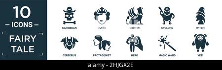 filled fairy tale icon set. contain flat caribbean, queen, griffin, cyclops, witch, cerberus, protagonist, hero, magic wand, yeti icons in editable fo Stock Vector