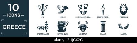 filled greece icon set. contain flat psi, hermes, broken amphora, sports torch, poseidon, sports games, letter quill, minotaur, pillar, laurel icons i Stock Vector