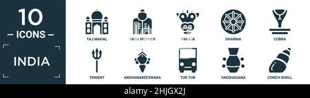 filled india icon set. contain flat taj mahal, india mother, varaja, dharma, cobra, trident, ardhanareeswara, tuk tuk, yakshagana, conch shell icons i Stock Vector