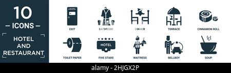 filled hotel and restaurant icon set. contain flat exit, bathrobe, dinner, terrace, cinnamon roll, toilet paper, five stars, waitress, bellboy, soup i Stock Vector