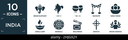 filled india icon set. contain flat indian elephant, assam, tablas, navratri, kanji vadas, diwali lamp, mandala, bollywood, gnostic, indian goddess ic Stock Vector