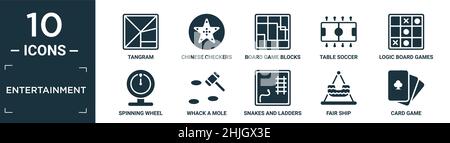 filled entertainment icon set. contain flat tangram, chinese checkers, board game blocks, table soccer, logic board games, spinning wheel, whack a mol Stock Vector