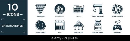 filled entertainment icon set. contain flat billiards, eight ball, bingo, game machine, board games, sports ball, zoo, childhood, arcade game, gamepad Stock Vector
